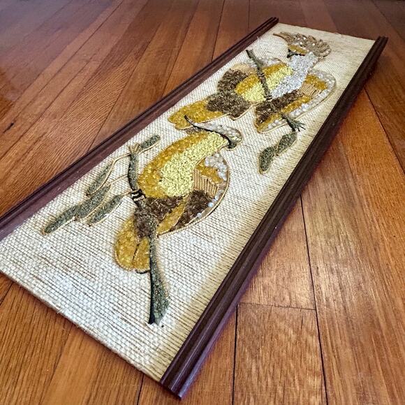 Vintage Burlap Wall Art with Birds – Mid Century Textured Wall Hanging - Picture 6 of 15